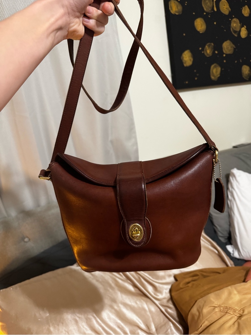 Rare Vintage Coach Nottingham Brown Leather Shoulder Bag with Gold Turn-Lock